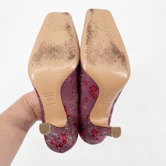 Vintage Prada Plum Gold Brocade Snakeskin Trim Bow Square Toe Heels IT 37.5 - Picture 11 of 13
